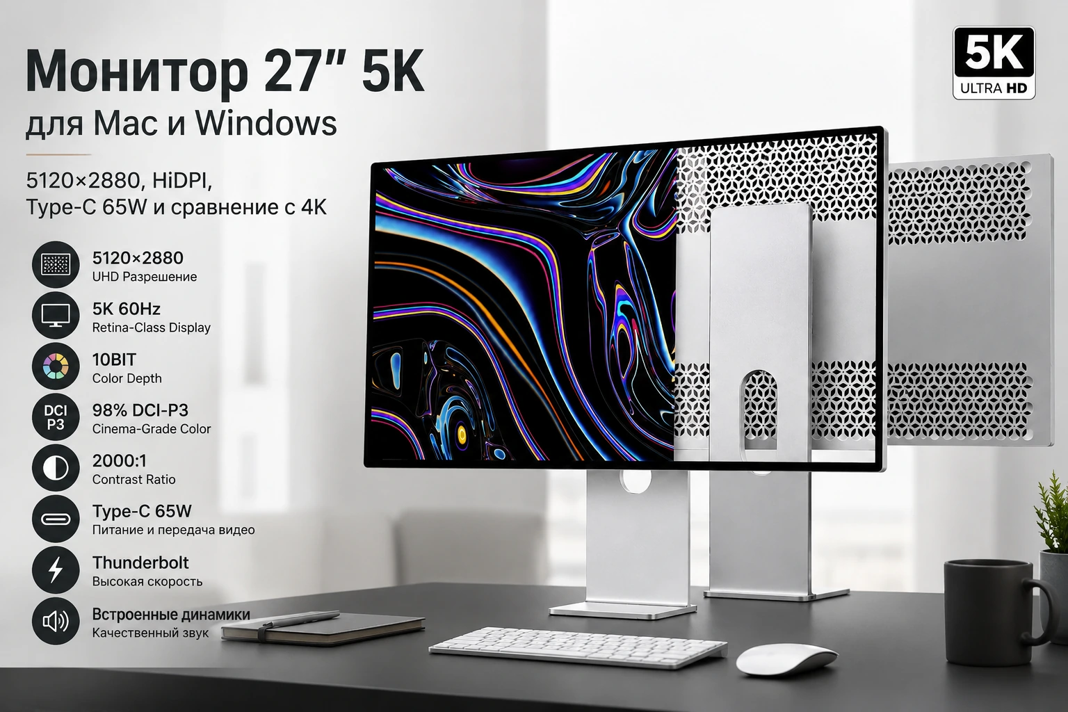 Монитор 27″ 5K для Mac и Windows: 5120×2880, HiDPI, Type-C 65W и сравнение с 4K
