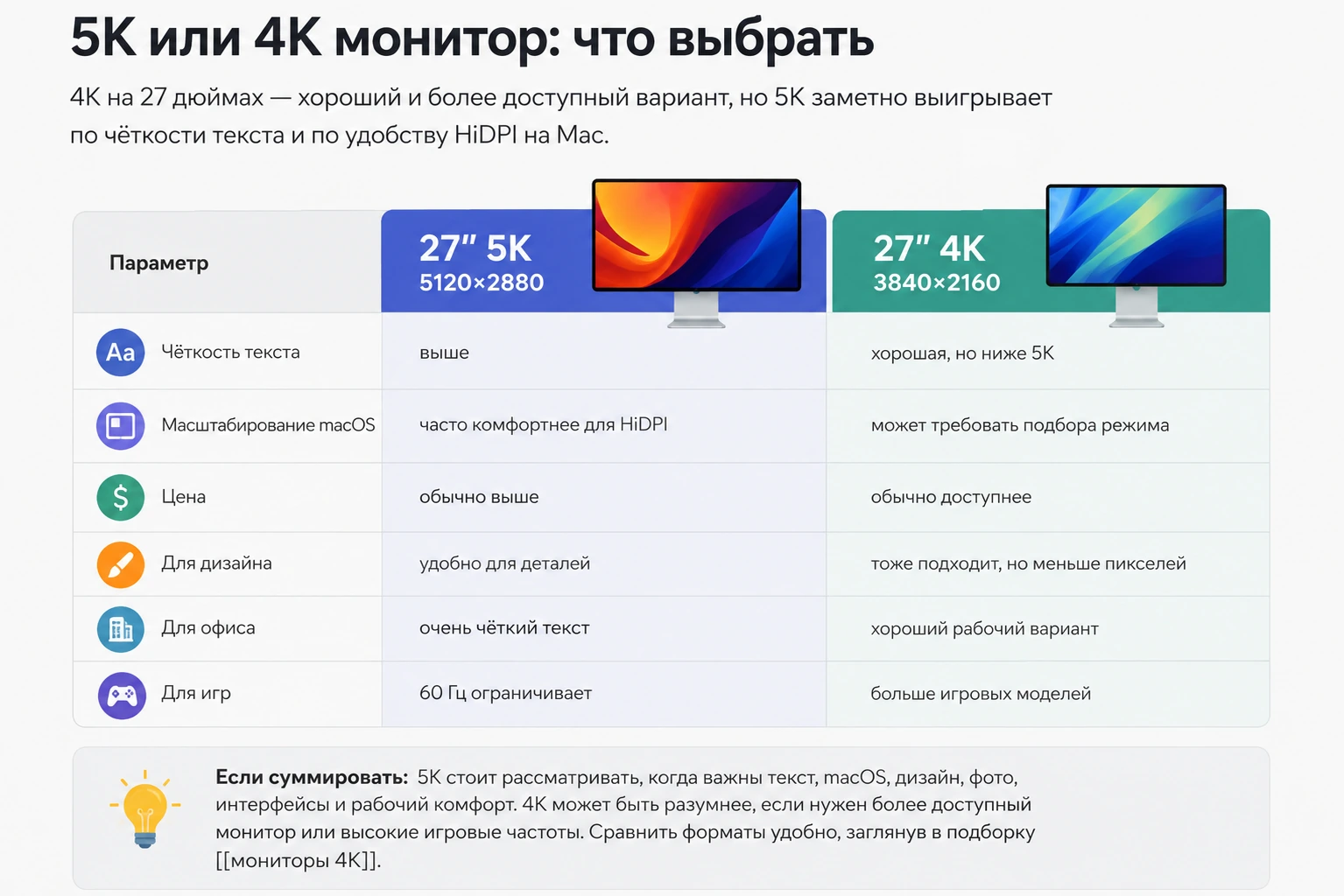 Монитор 27″ 5K для Mac и Windows: 5120×2880, HiDPI, Type-C 65W и сравнение с 4K