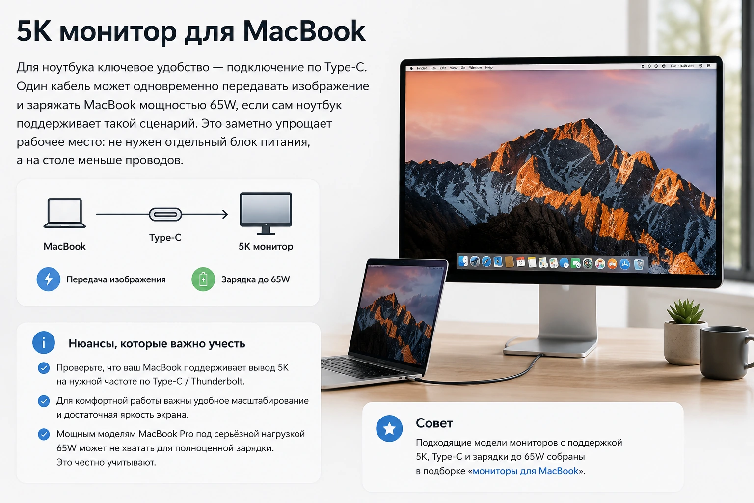 Монитор 27″ 5K для Mac и Windows: 5120×2880, HiDPI, Type-C 65W и сравнение с 4K