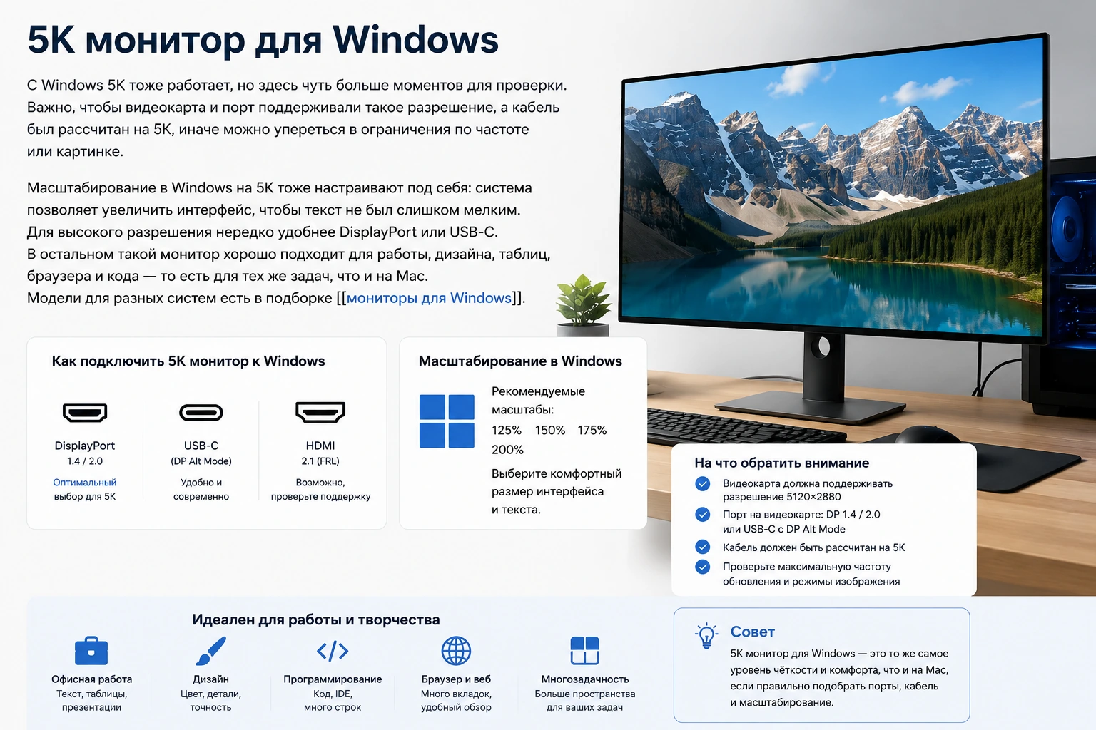Монитор 27″ 5K для Mac и Windows: 5120×2880, HiDPI, Type-C 65W и сравнение с 4K