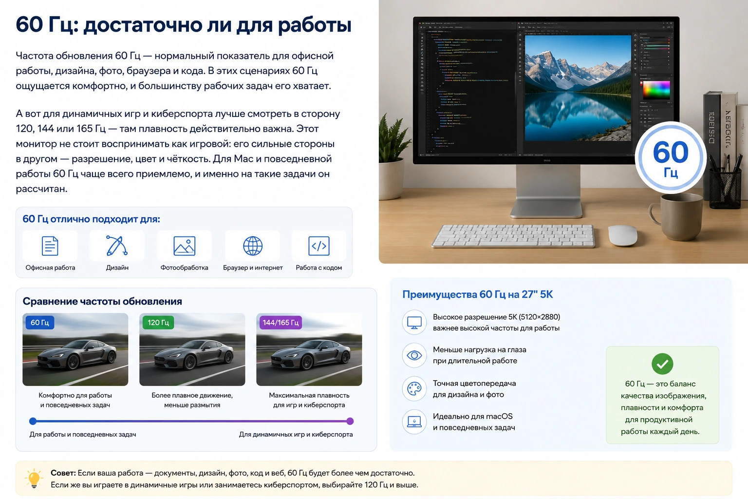 Монитор 27″ 5K для Mac и Windows: 5120×2880, HiDPI, Type-C 65W и сравнение с 4K