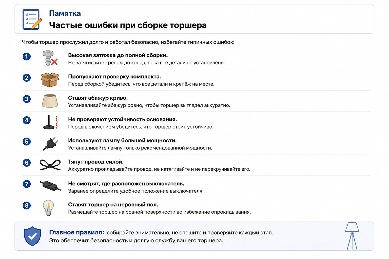 Как собрать торшер: пошаговая инструкция, ошибки и проверка перед включением