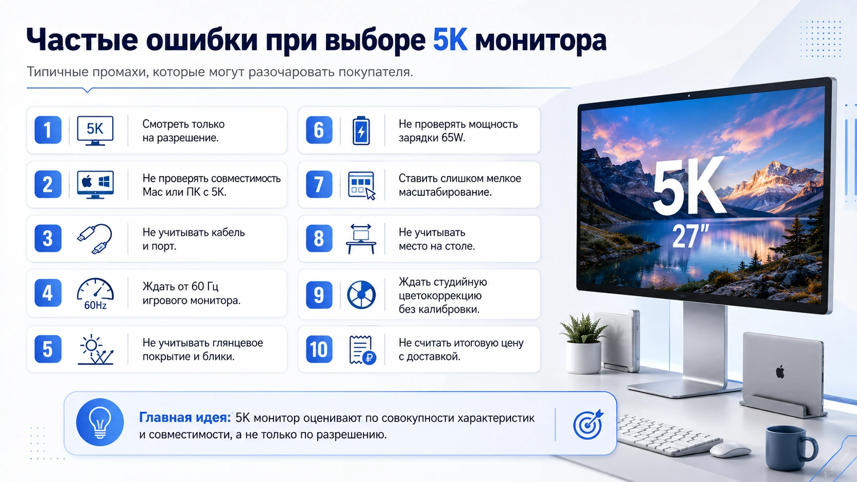 Монитор 27″ 5K для Mac и Windows: 5120×2880, HiDPI, Type-C 65W и сравнение с 4K