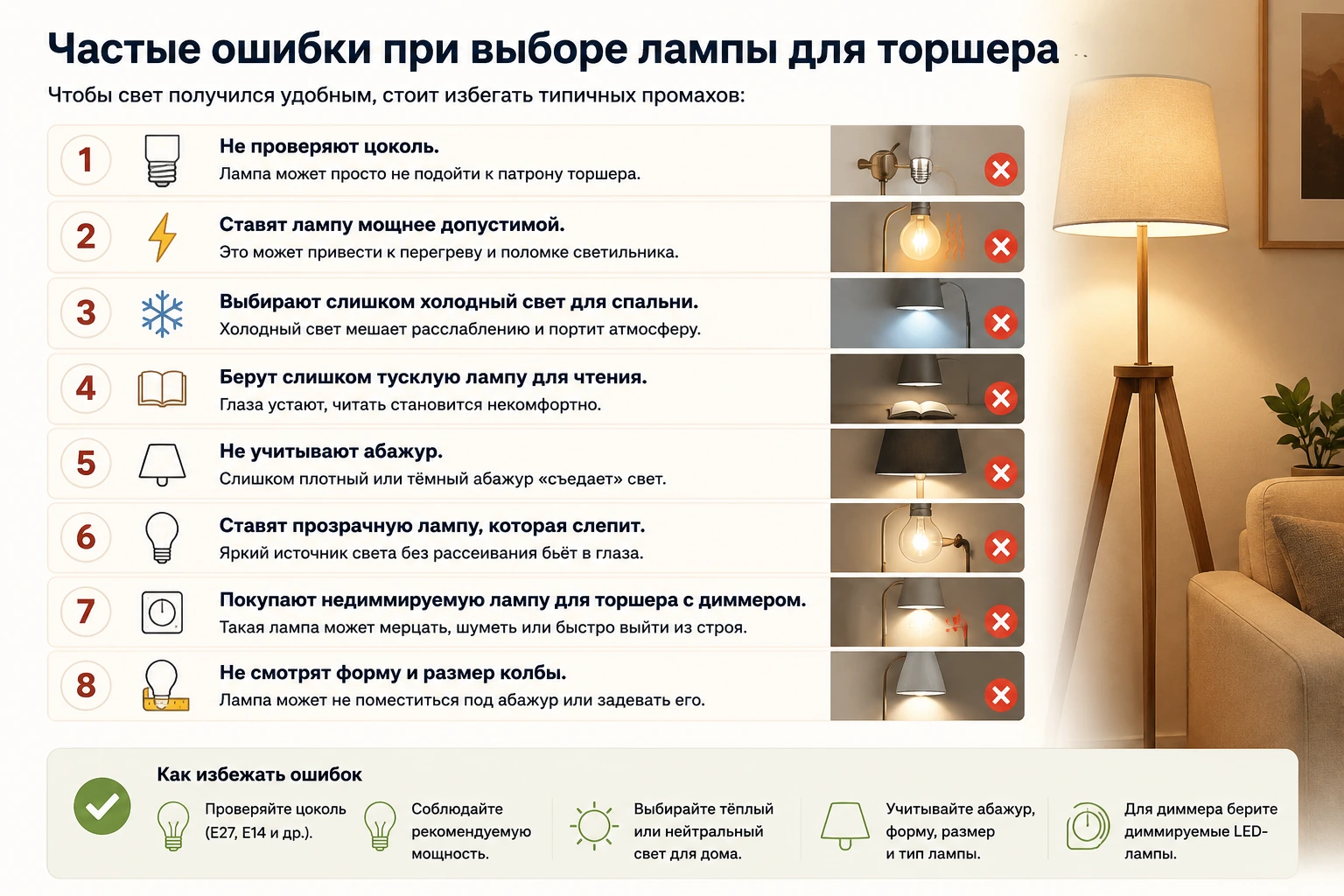 Какую лампу выбрать для торшера: цоколь, мощность, LED и тёплый свет