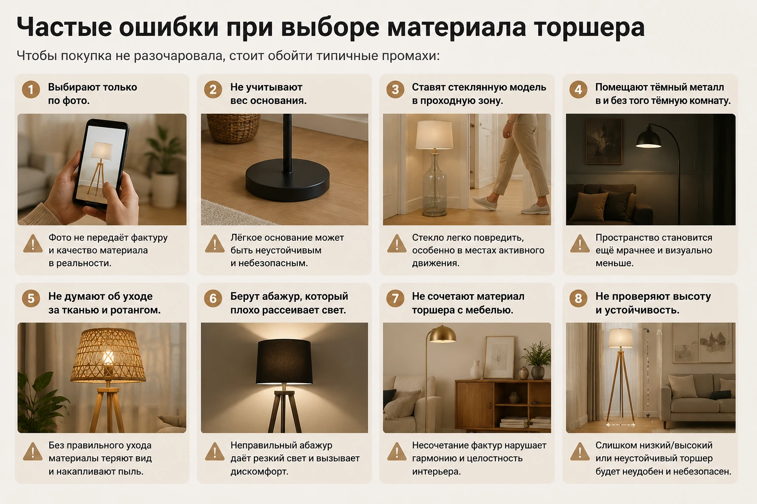 Какие материалы для торшеров лучше: металл, дерево, стекло, ткань и ротанг