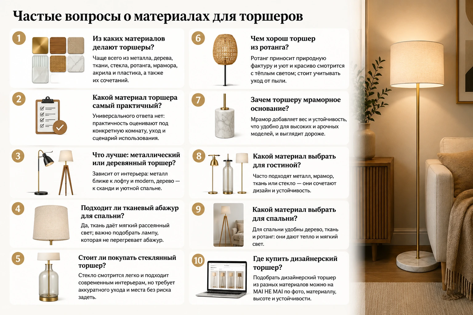 Какие материалы для торшеров лучше: металл, дерево, стекло, ткань и ротанг