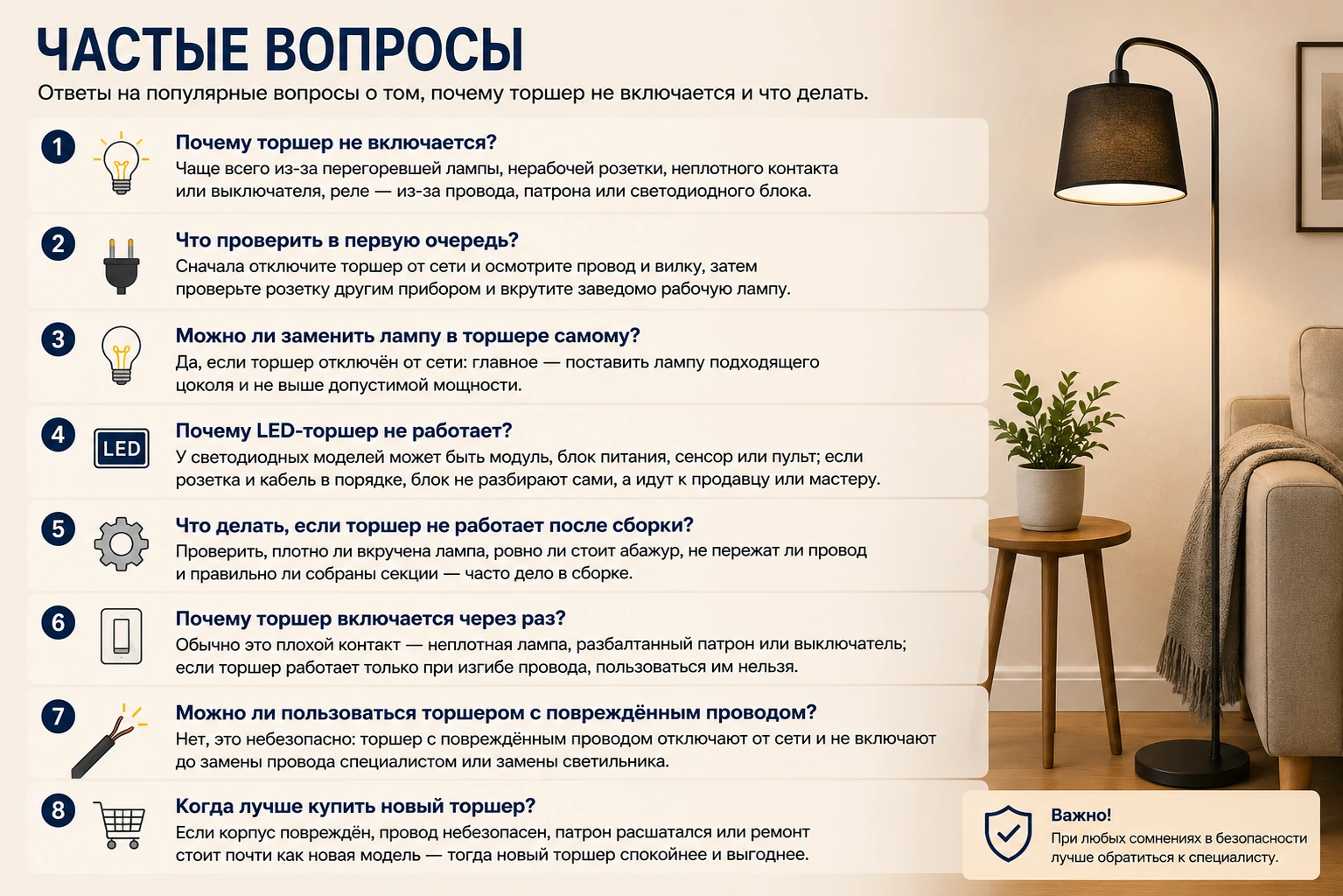 Что делать, если торшер не включается: причины, проверка и безопасные шаги