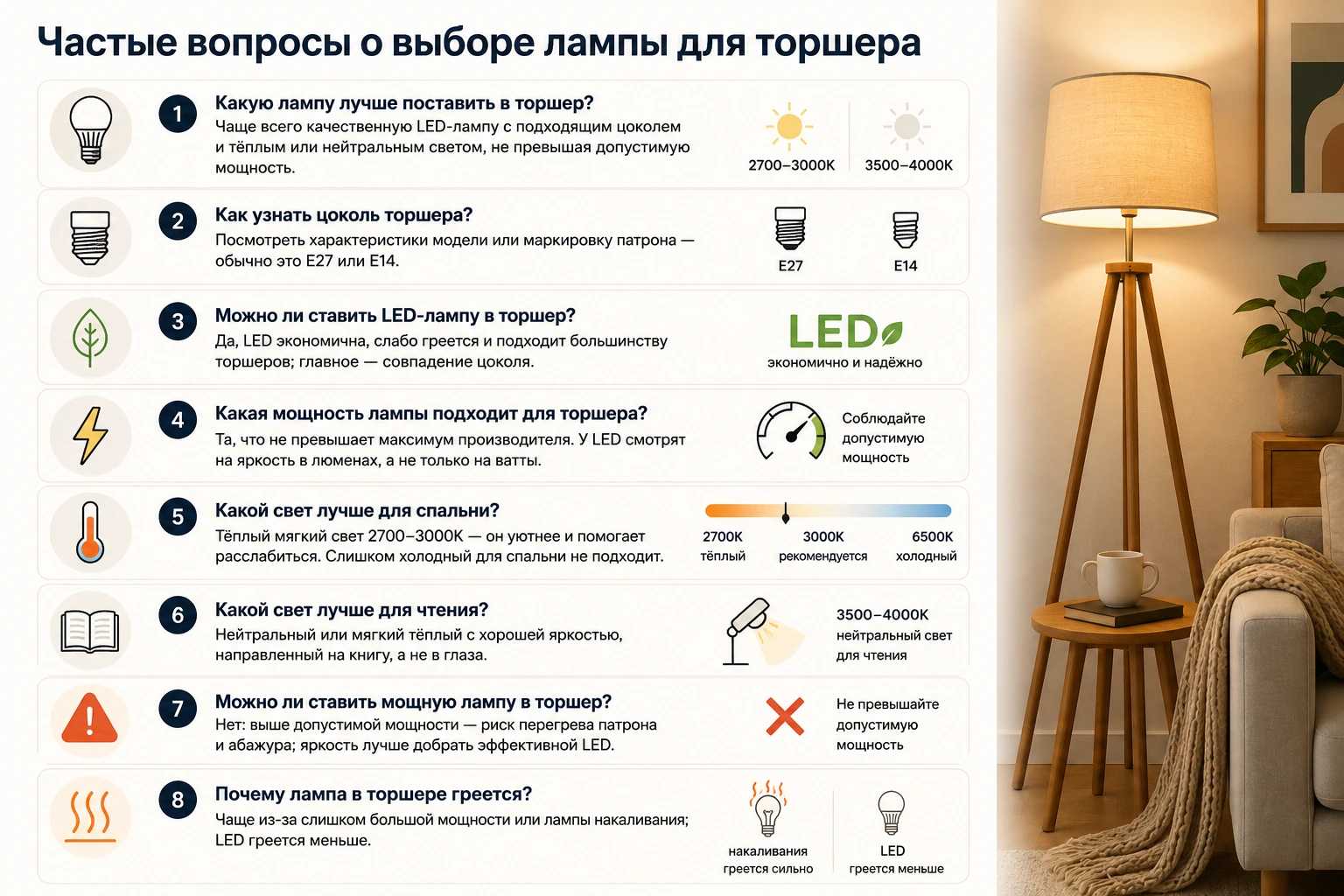 Какую лампу выбрать для торшера: цоколь, мощность, LED и тёплый свет