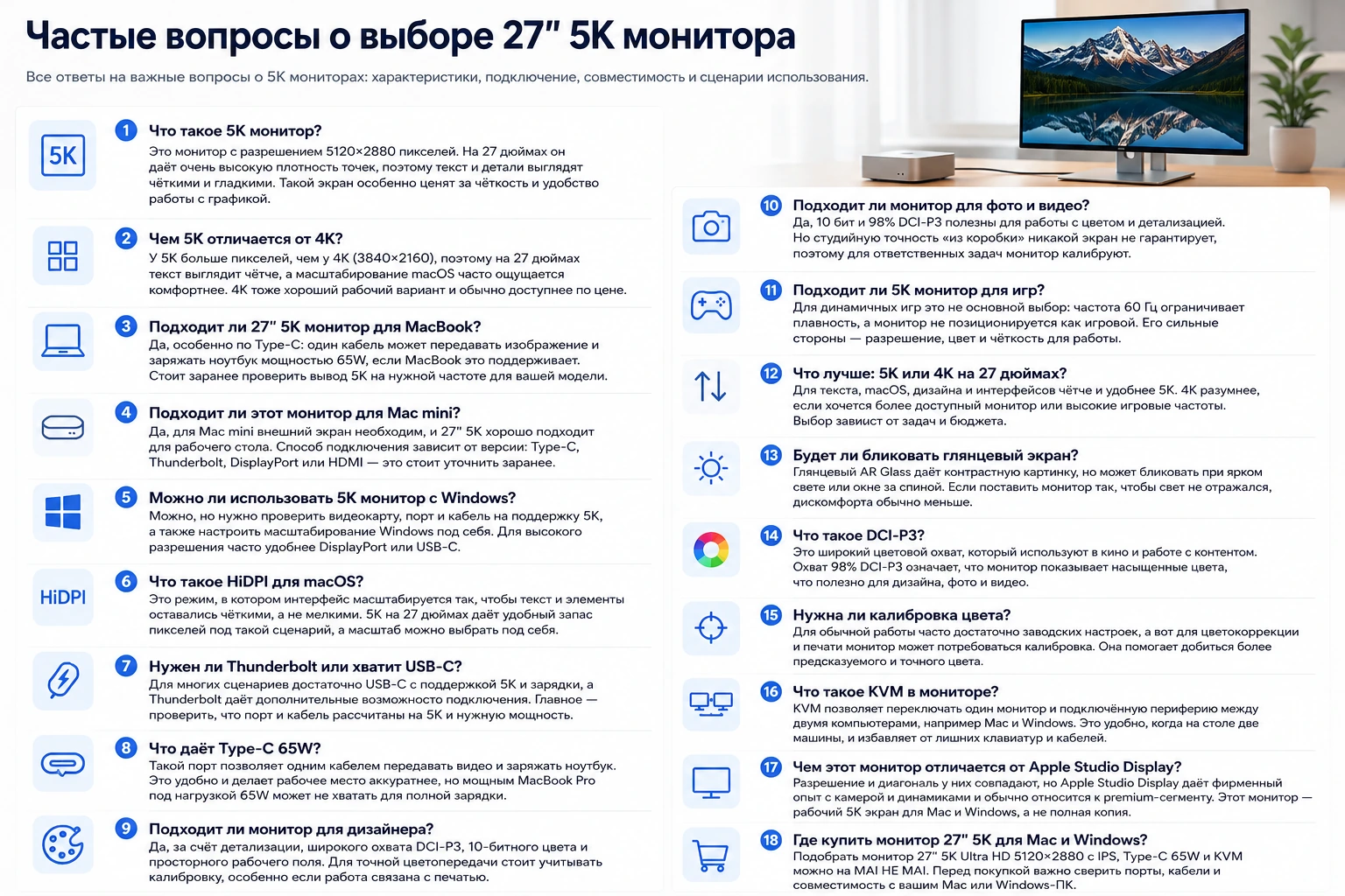 Монитор 27″ 5K для Mac и Windows: 5120×2880, HiDPI, Type-C 65W и сравнение с 4K