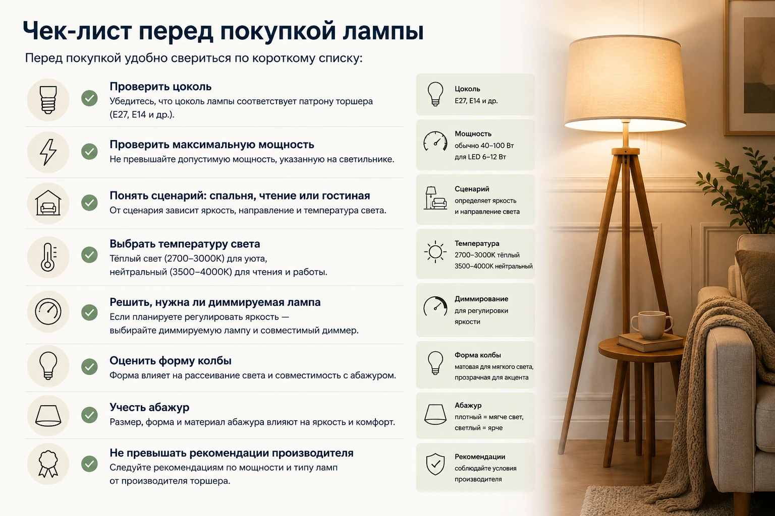 Какую лампу выбрать для торшера: цоколь, мощность, LED и тёплый свет