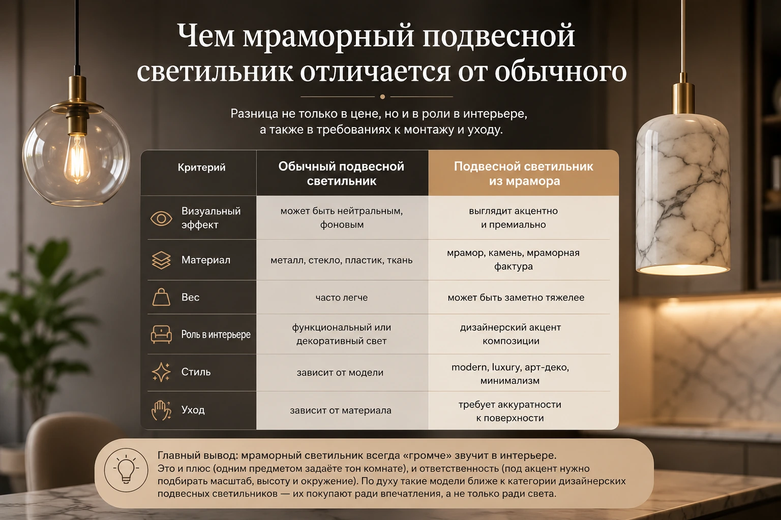 Как выбрать подвесной светильник из мрамора: кухня, спальня, гостиная и столовая зона