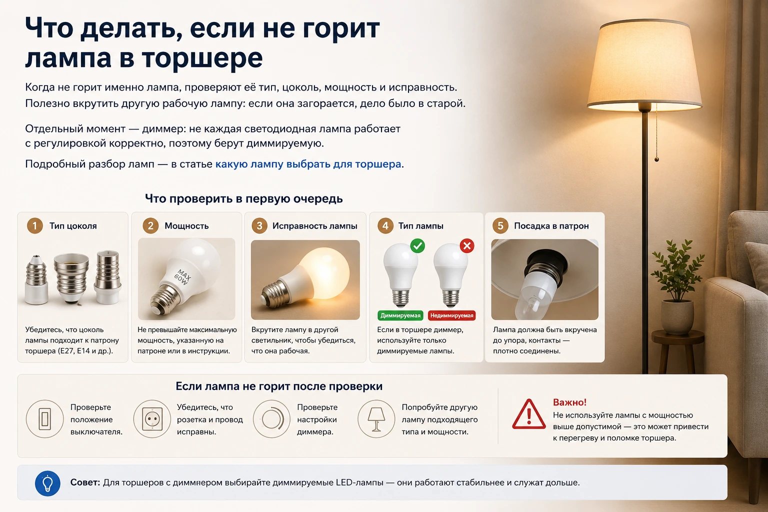 Что делать, если торшер не включается: причины, проверка и безопасные шаги