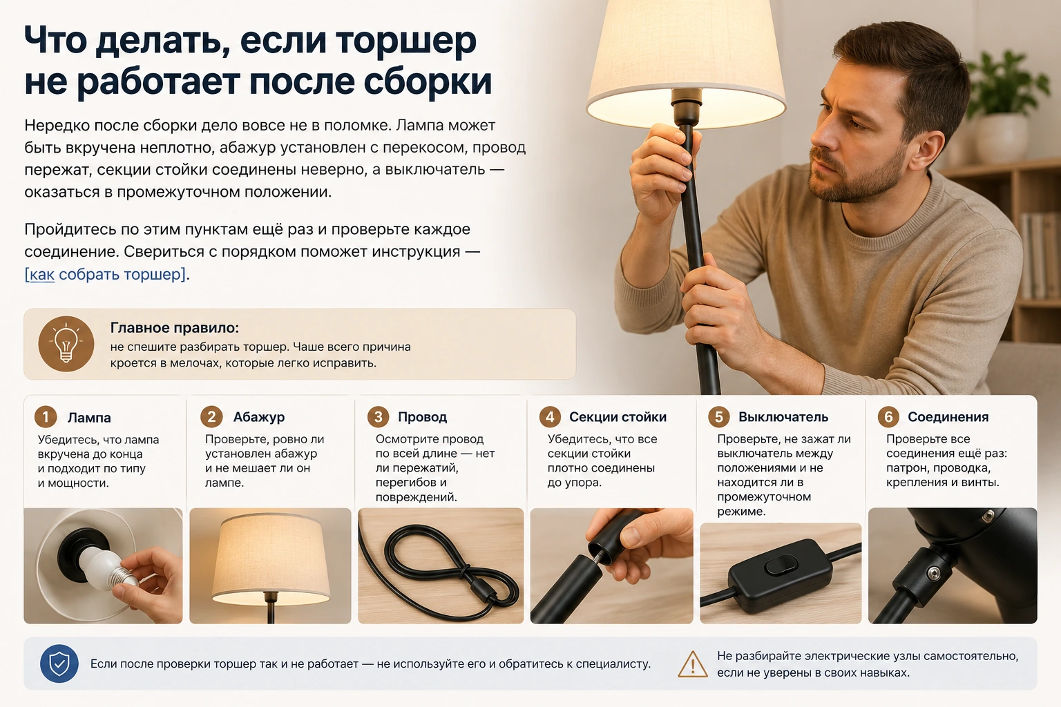 Что делать, если торшер не включается: причины, проверка и безопасные шаги