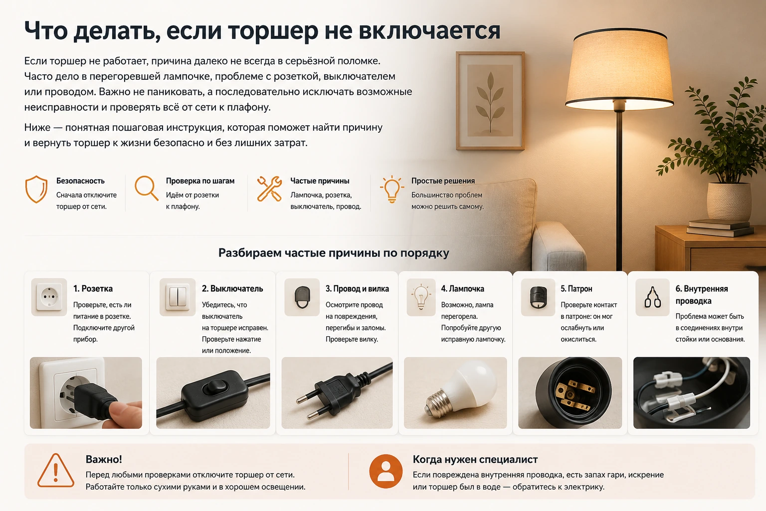 Что делать, если торшер не включается: причины, проверка и безопасные шаги