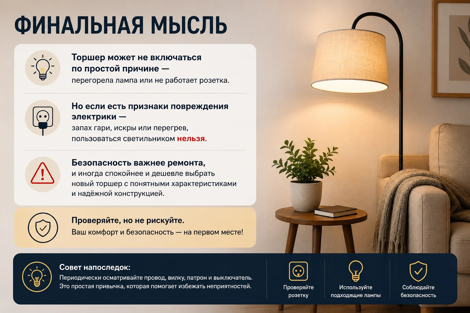 Что делать, если торшер не включается: причины, проверка и безопасные шаги