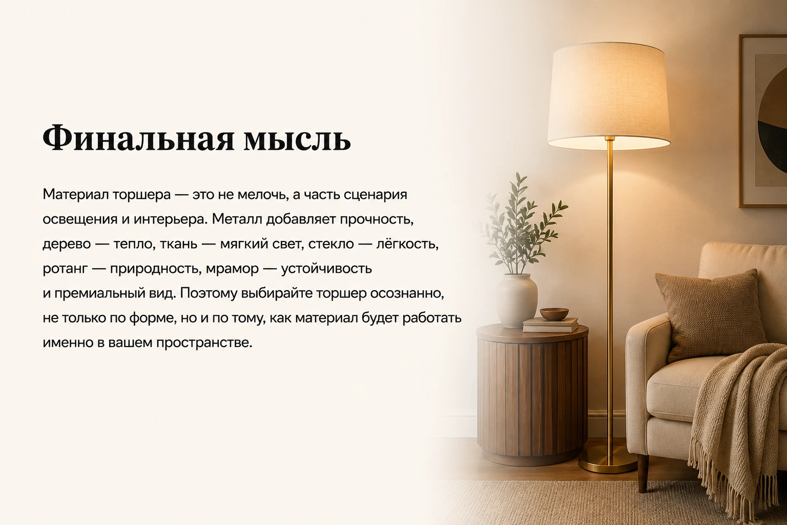 Какие материалы для торшеров лучше: металл, дерево, стекло, ткань и ротанг