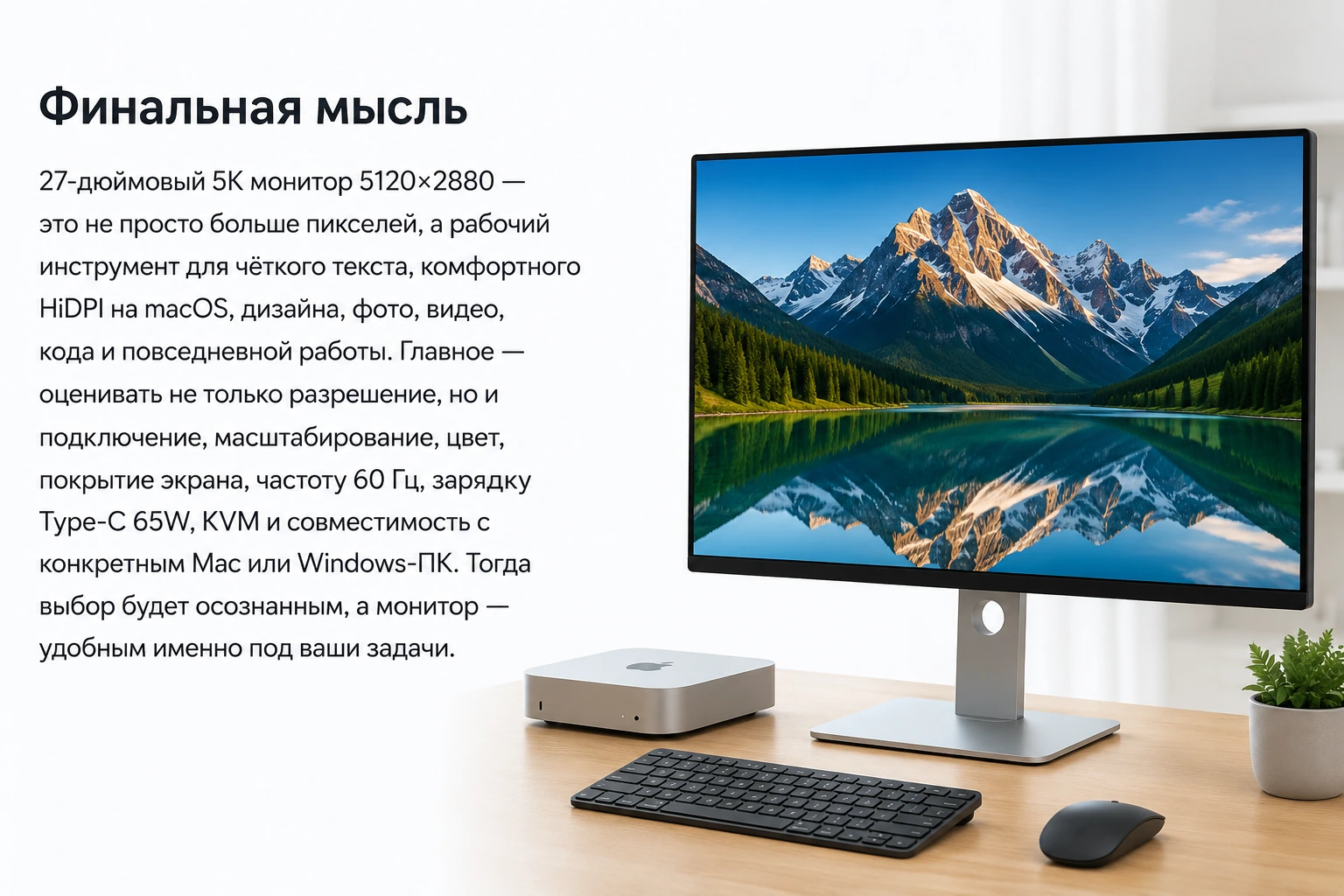 Монитор 27″ 5K для Mac и Windows: 5120×2880, HiDPI, Type-C 65W и сравнение с 4K