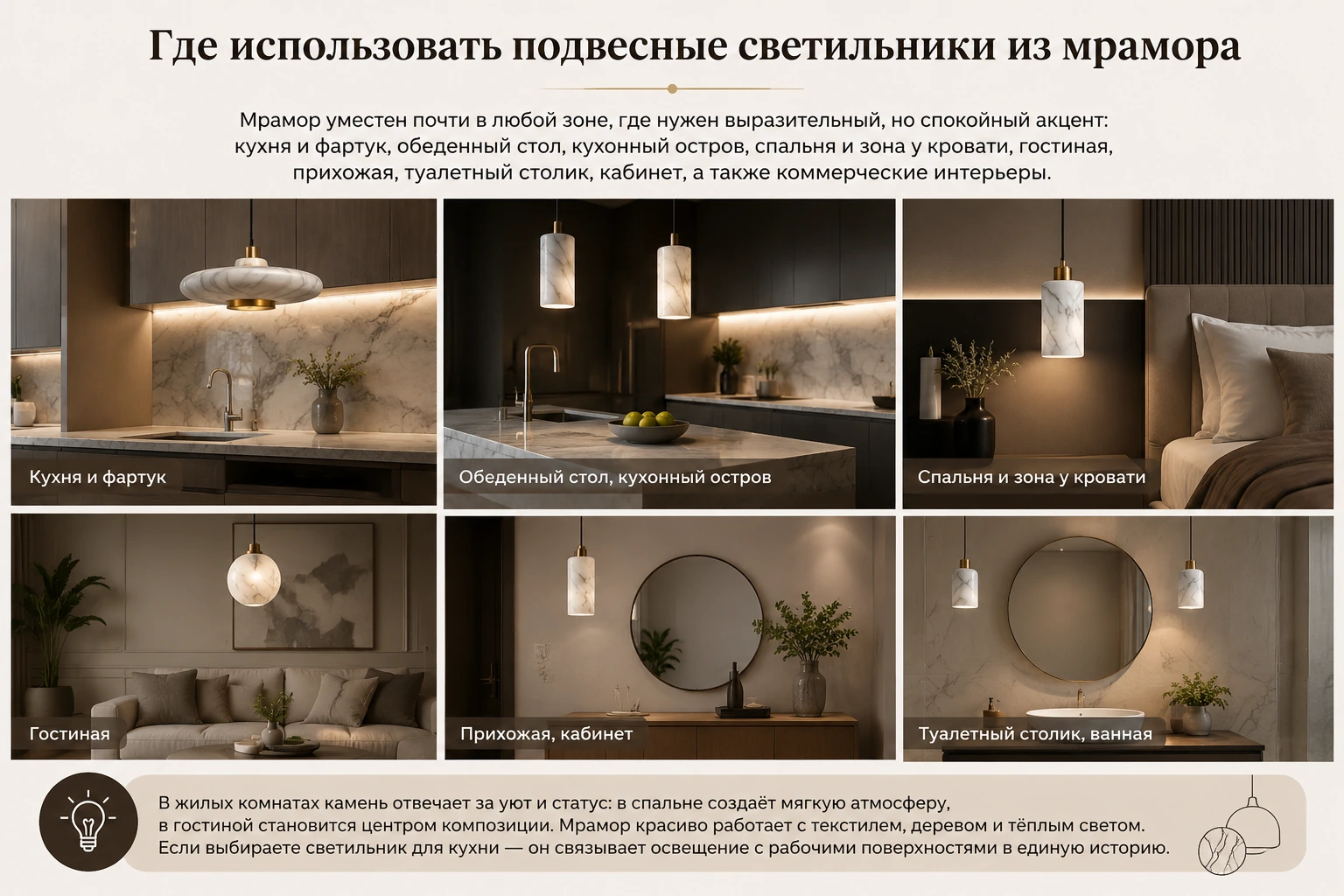 Как выбрать подвесной светильник из мрамора: кухня, спальня, гостиная и столовая зона