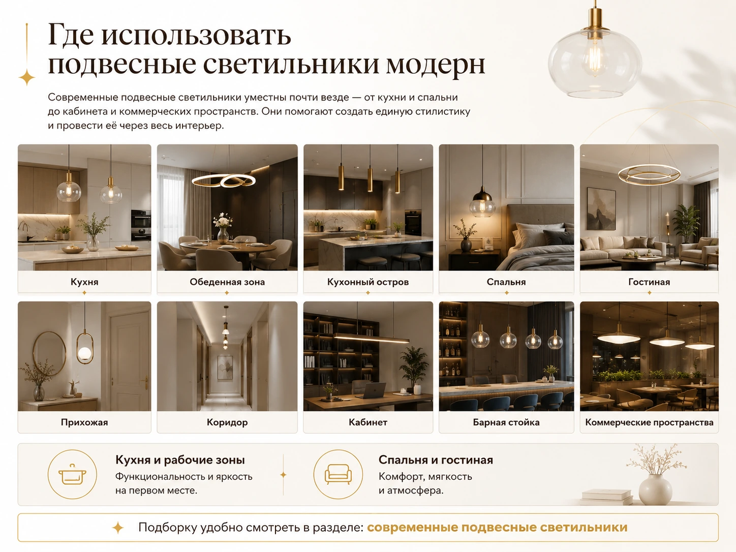 Как выбрать подвесной светильник модерн: кухня, гостиная, спальня и современный интерьер
