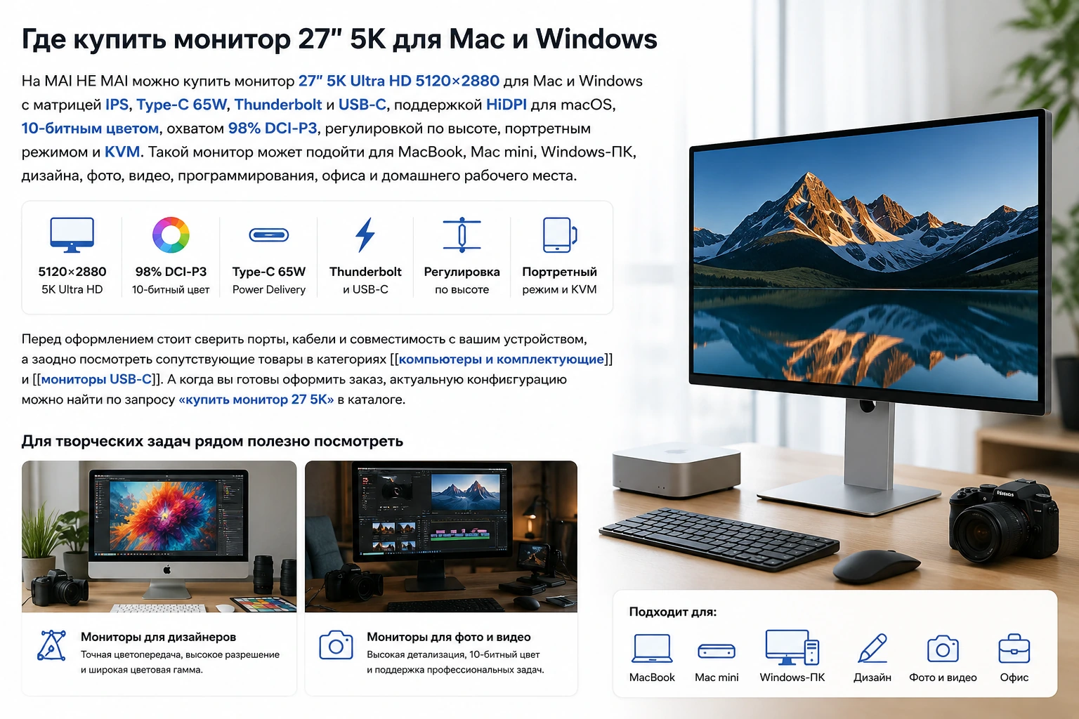 Монитор 27″ 5K для Mac и Windows: 5120×2880, HiDPI, Type-C 65W и сравнение с 4K