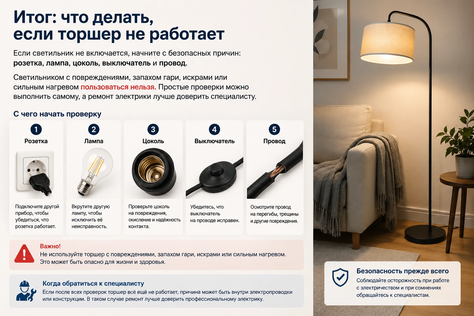 Что делать, если торшер не включается: причины, проверка и безопасные шаги