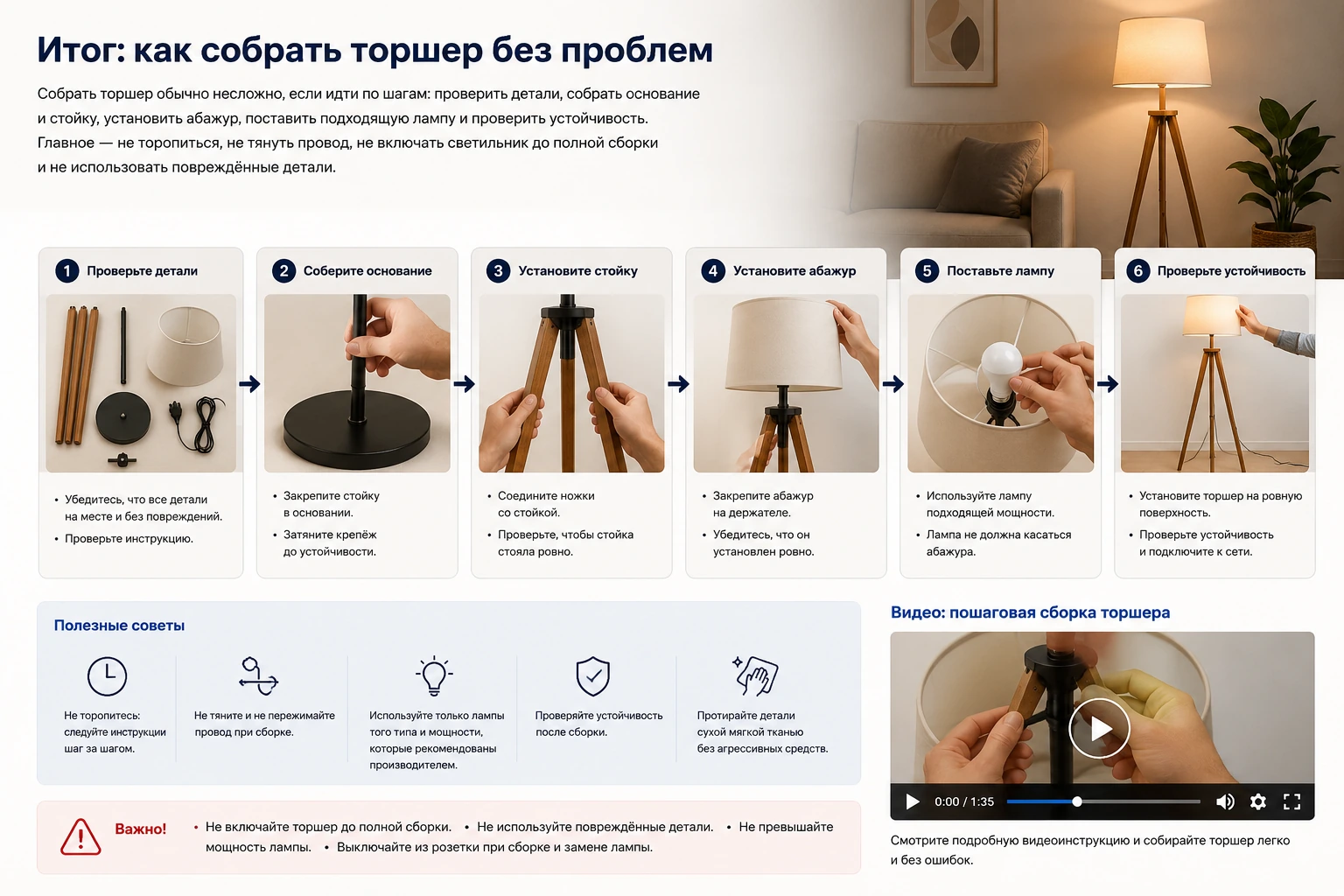 Как собрать торшер: пошаговая инструкция, ошибки и проверка перед включением