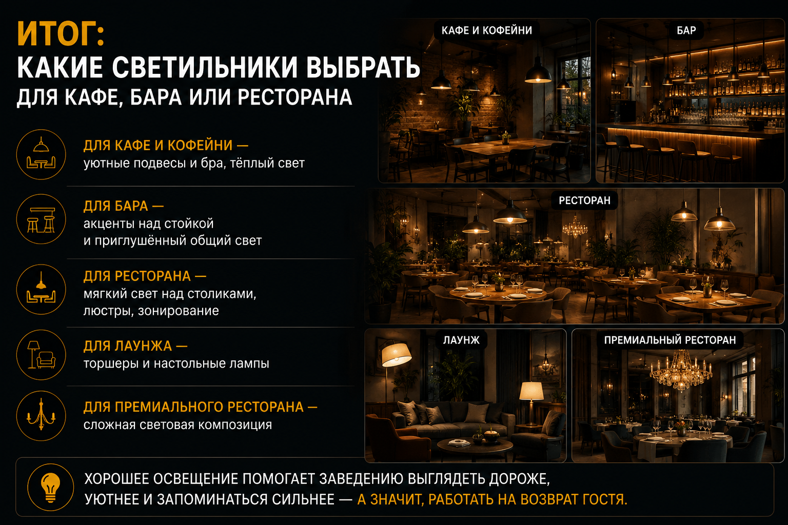 Как выбрать светильники для кафе, баров и ресторанов: атмосфера, зоны, стиль и цена