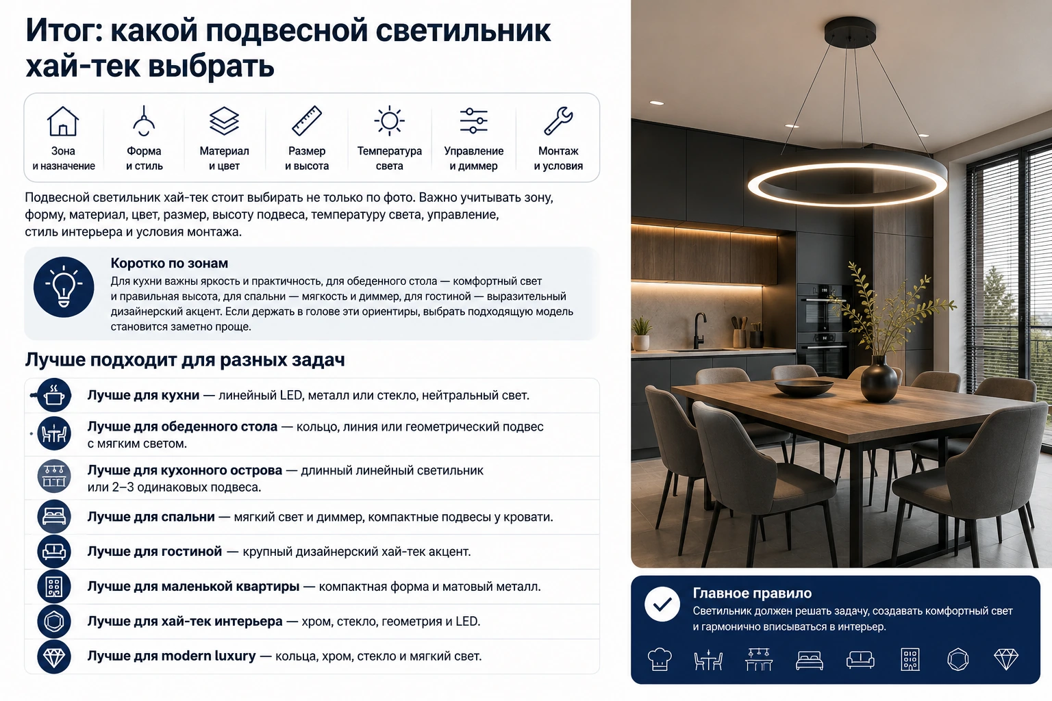 Как выбрать подвесной светильник хай-тек: кухня, гостиная, спальня и современный интерьер