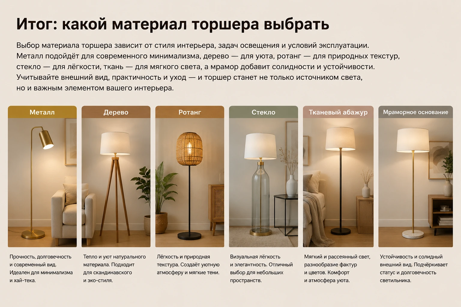 Какие материалы для торшеров лучше: металл, дерево, стекло, ткань и ротанг