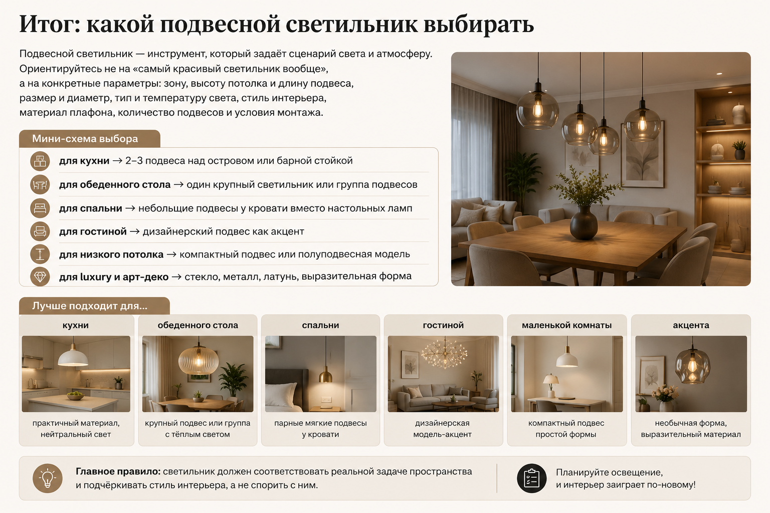 Как выбрать подвесные светильники: кухня, обеденный стол, спальня и интерьер