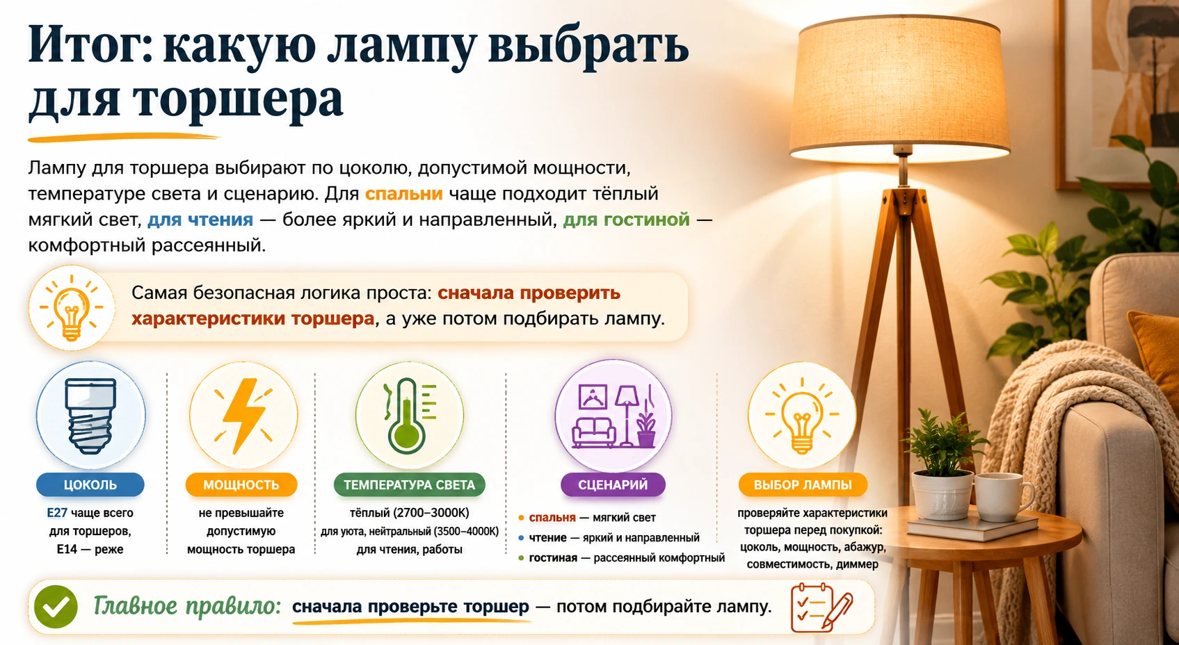 Какую лампу выбрать для торшера: цоколь, мощность, LED и тёплый свет