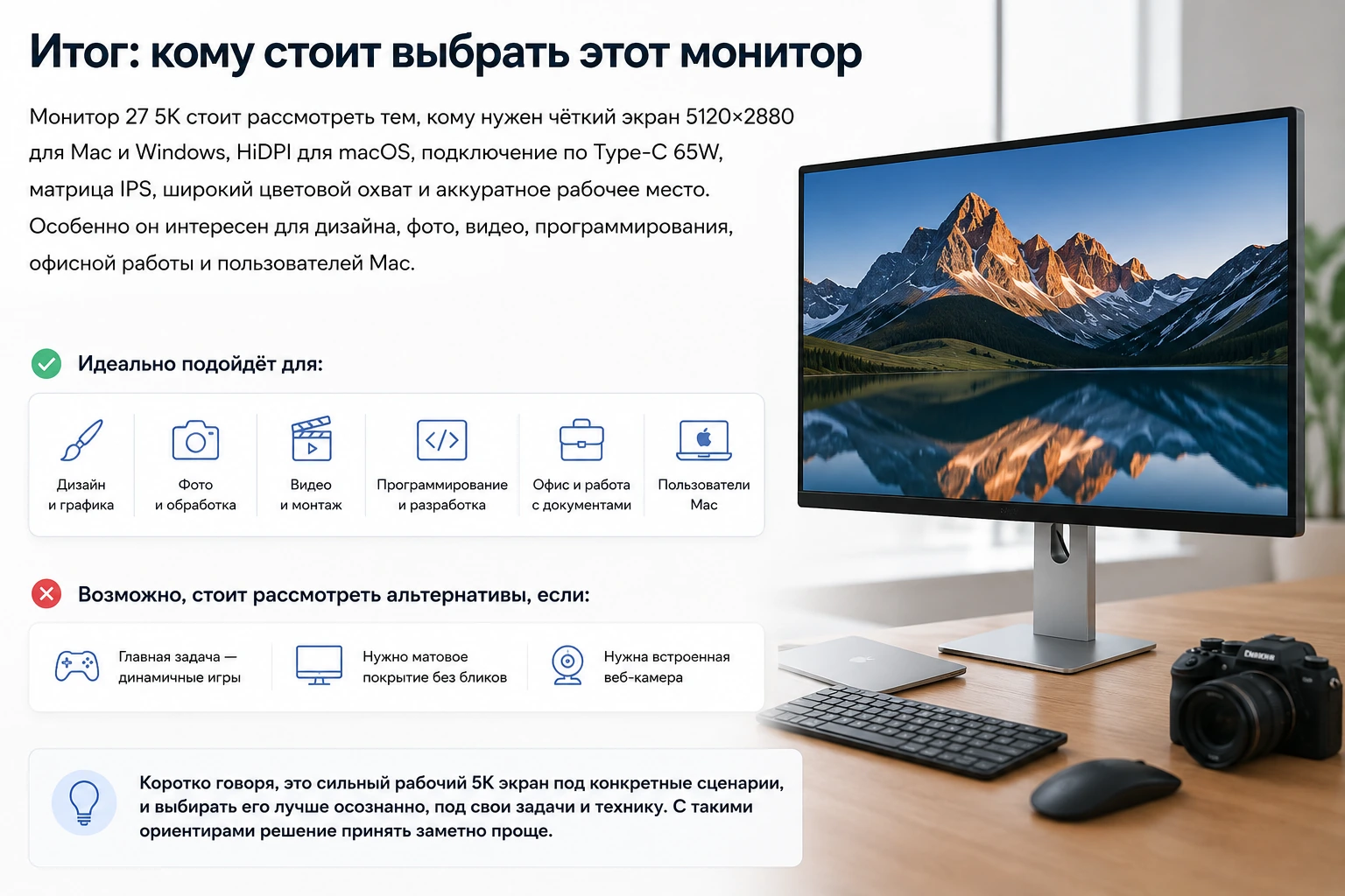 Монитор 27″ 5K для Mac и Windows: 5120×2880, HiDPI, Type-C 65W и сравнение с 4K