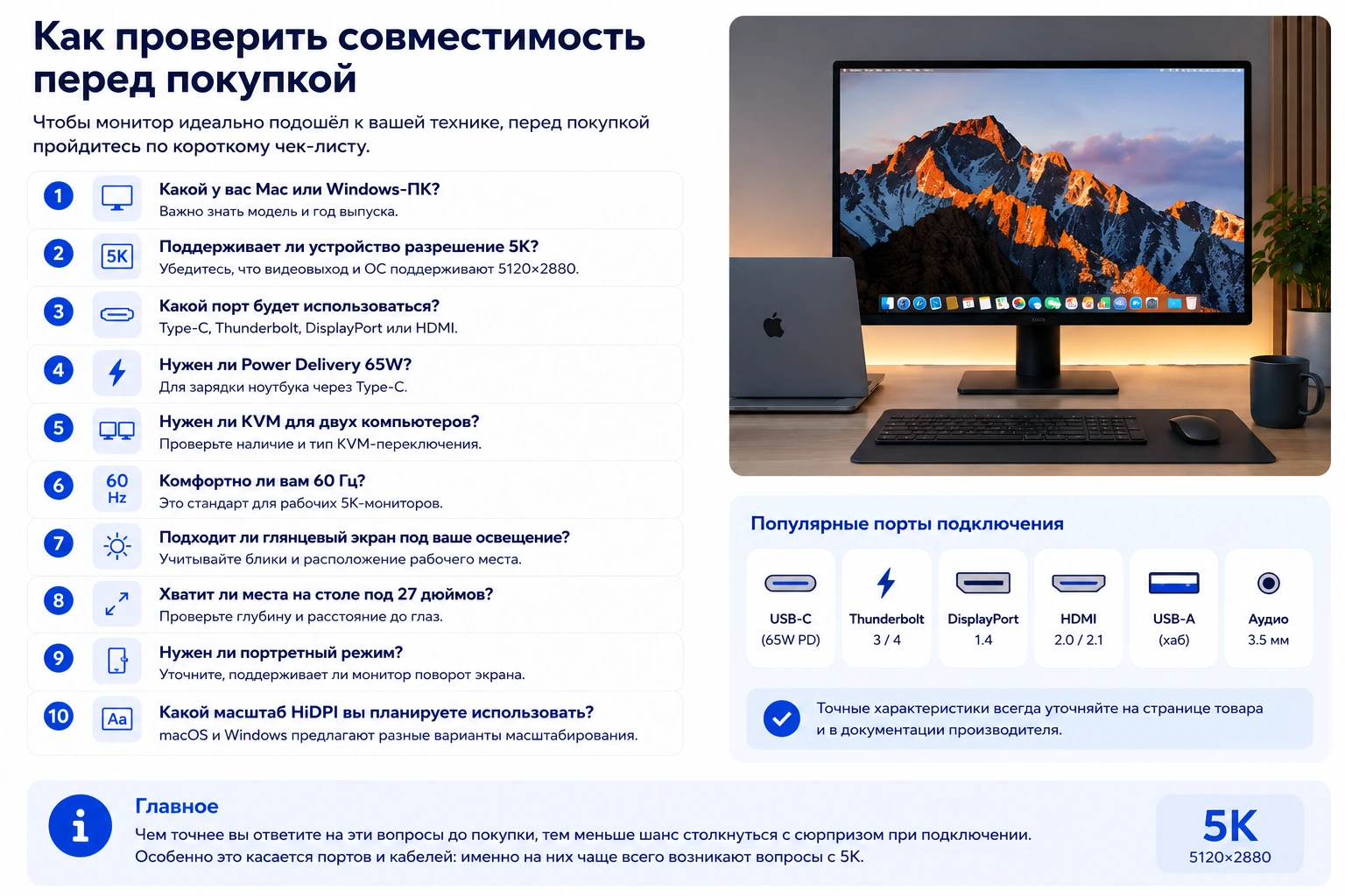Монитор 27″ 5K для Mac и Windows: 5120×2880, HiDPI, Type-C 65W и сравнение с 4K