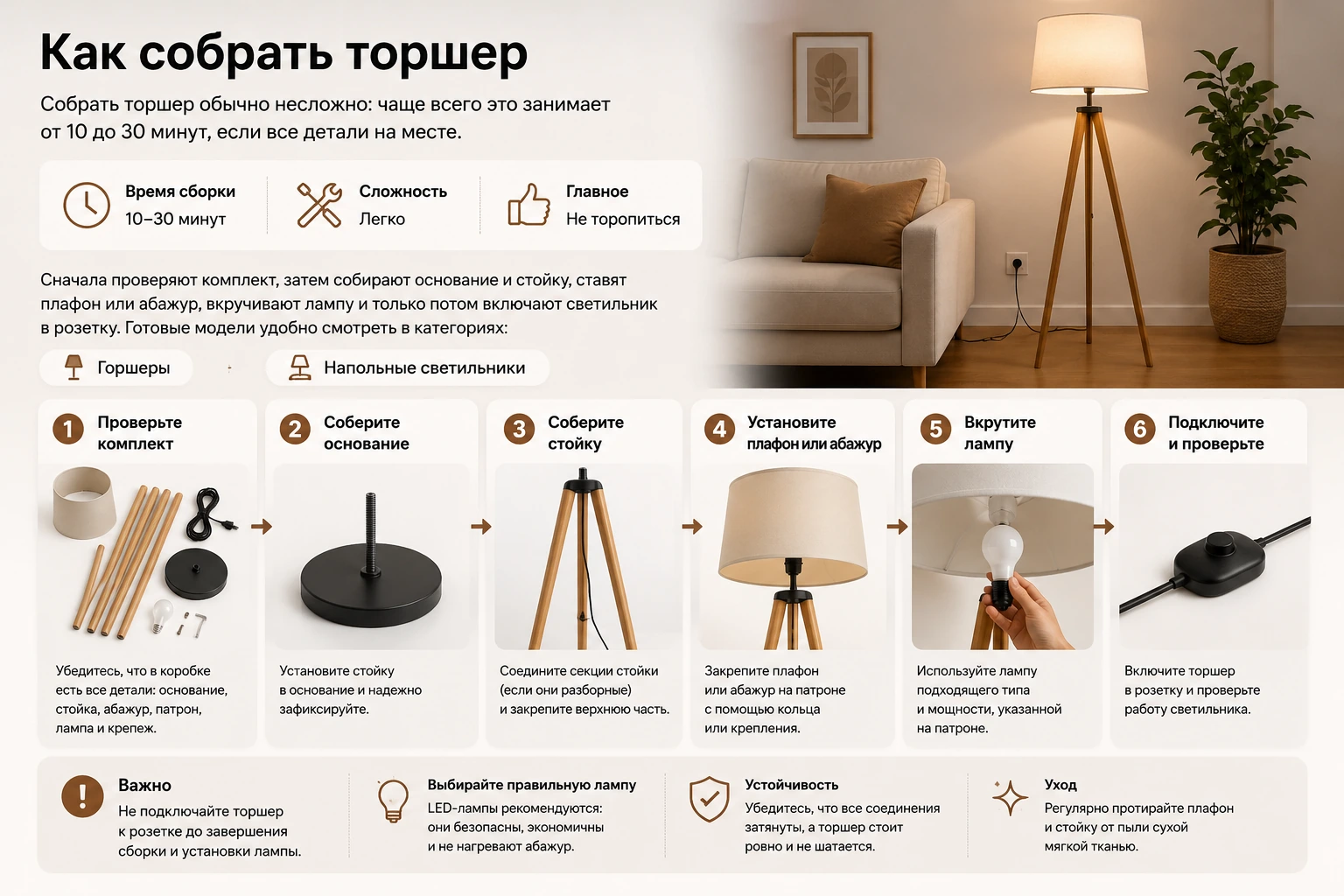 Как собрать торшер: пошаговая инструкция, ошибки и проверка перед включением