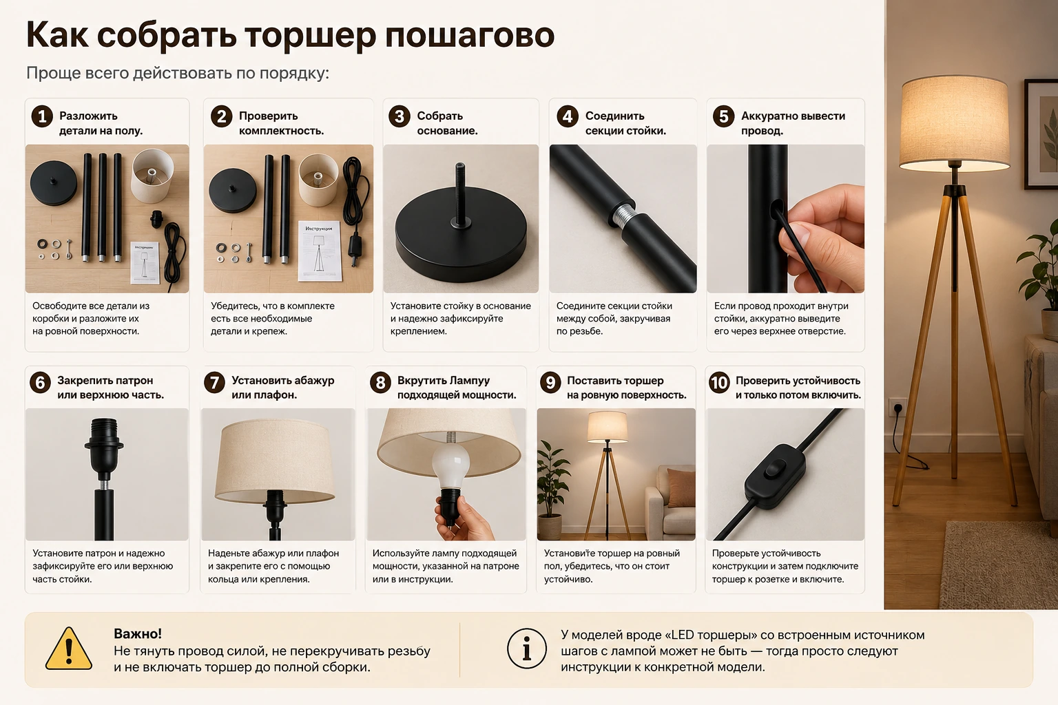 Как собрать торшер: пошаговая инструкция, ошибки и проверка перед включением