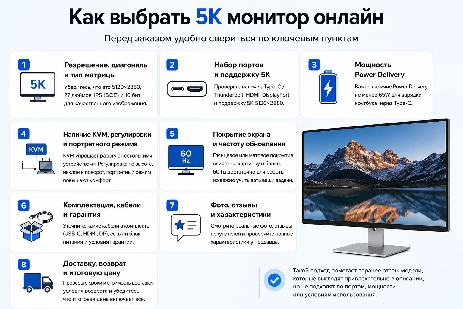 Монитор 27″ 5K для Mac и Windows: 5120×2880, HiDPI, Type-C 65W и сравнение с 4K