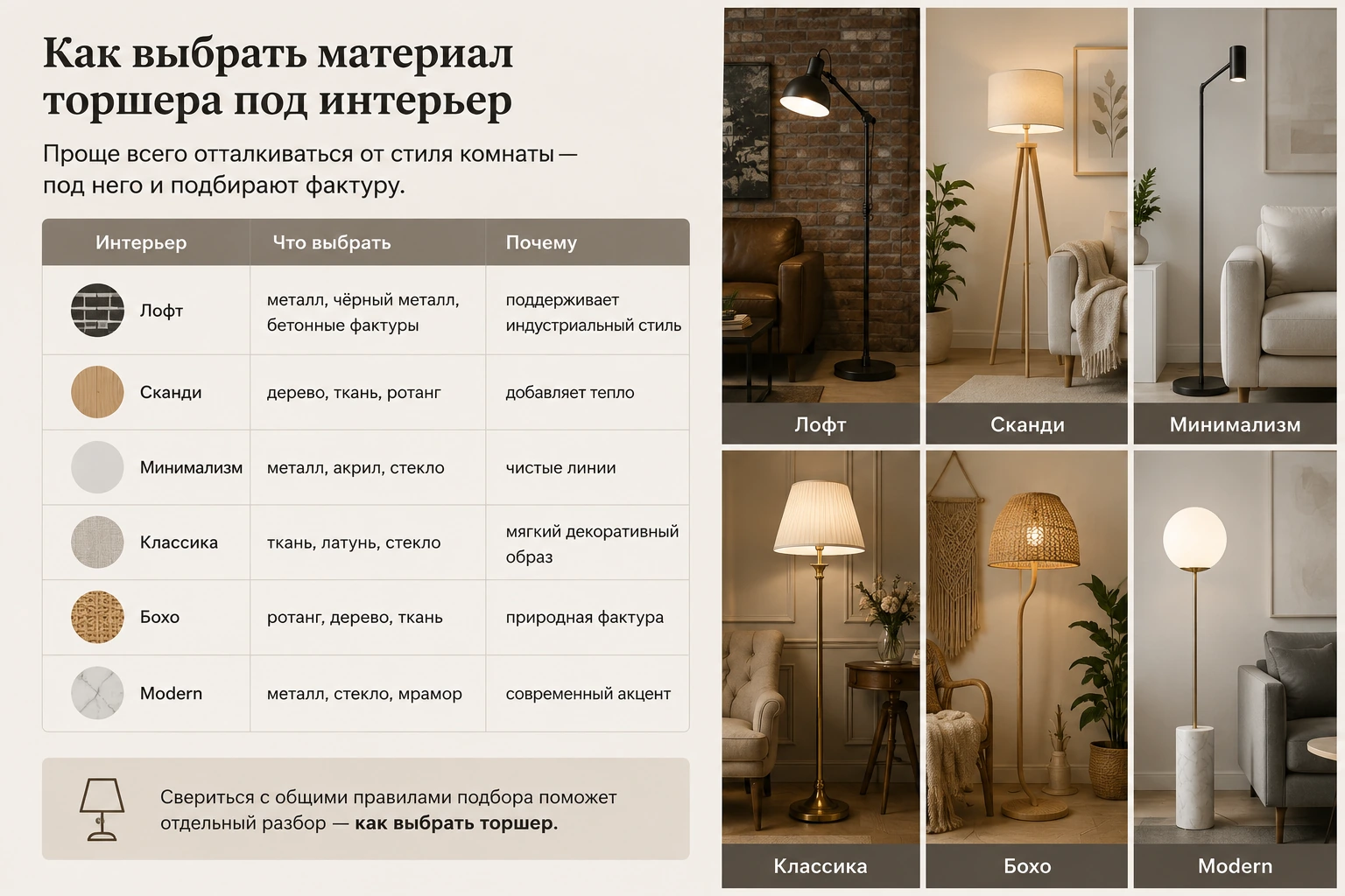 Какие материалы для торшеров лучше: металл, дерево, стекло, ткань и ротанг