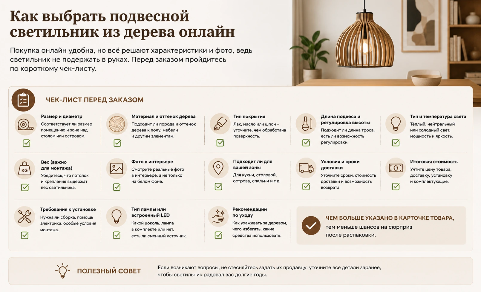 Как выбрать подвесной светильник из дерева: кухня, спальня, гостиная и Japandi-интерьер