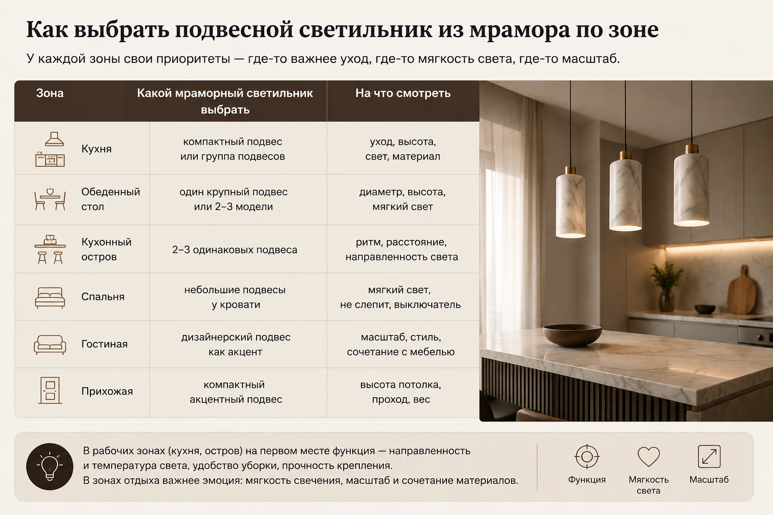 Как выбрать подвесной светильник из мрамора: кухня, спальня, гостиная и столовая зона