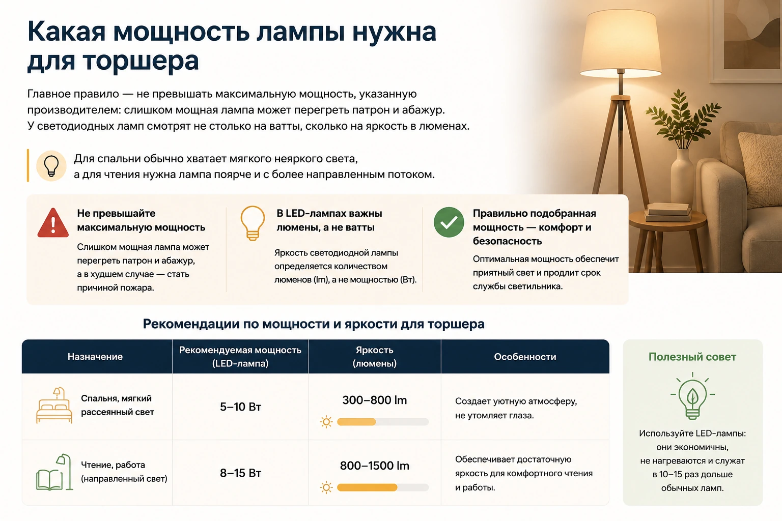 Какую лампу выбрать для торшера: цоколь, мощность, LED и тёплый свет