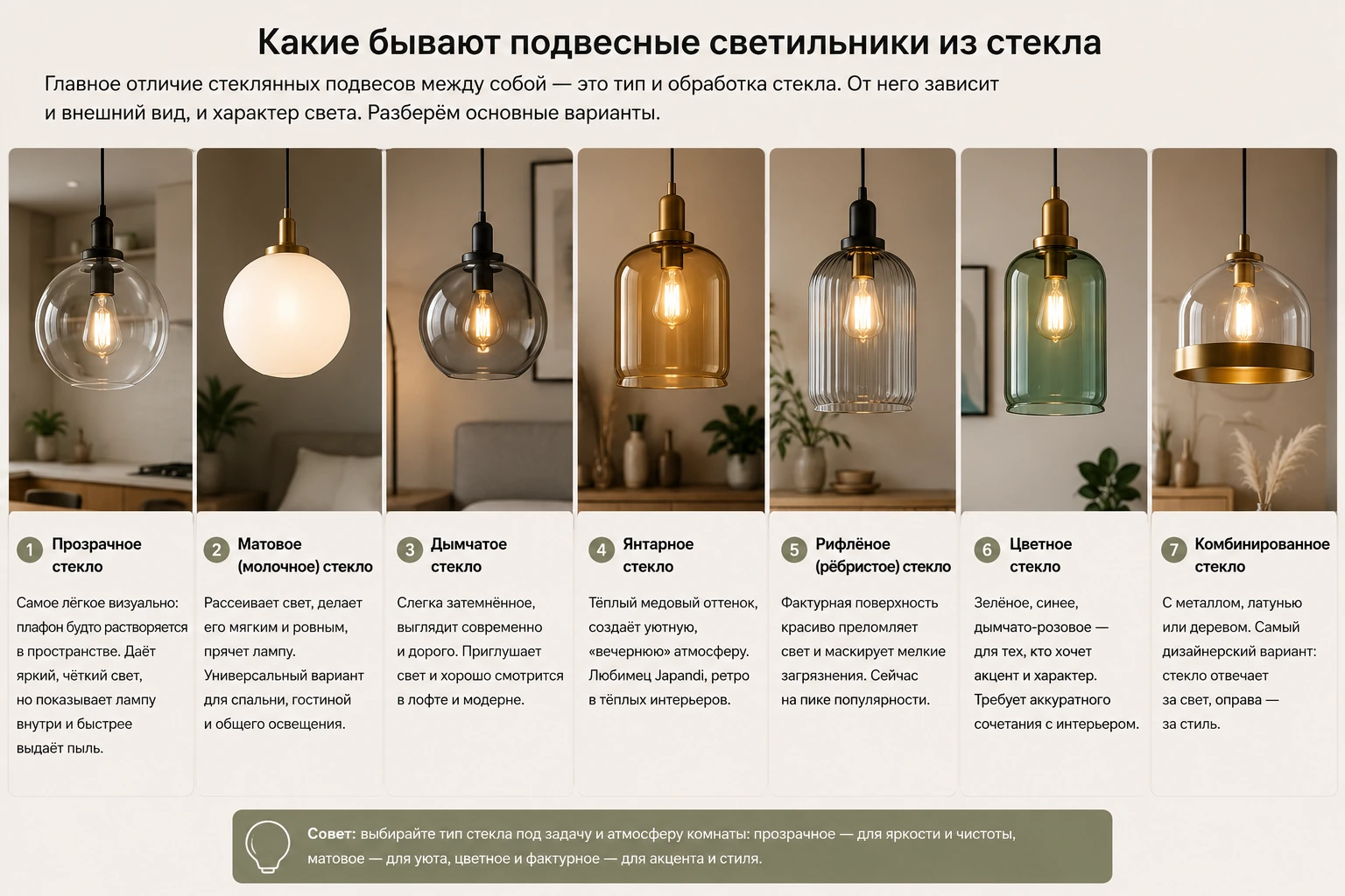 Подвесные светильники из стекла: как выбрать для кухни, гостиной и современного интерьера