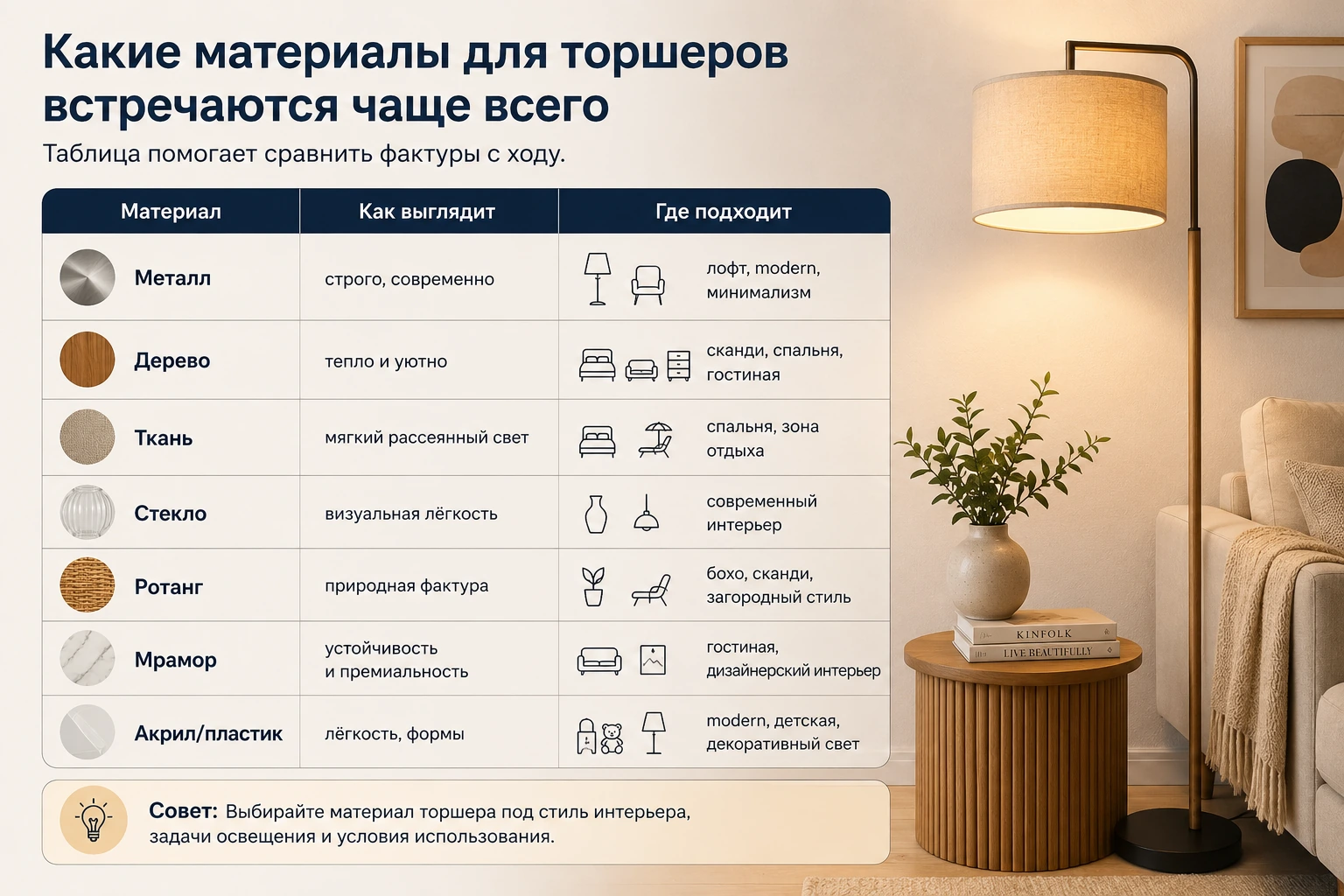 Какие материалы для торшеров лучше: металл, дерево, стекло, ткань и ротанг
