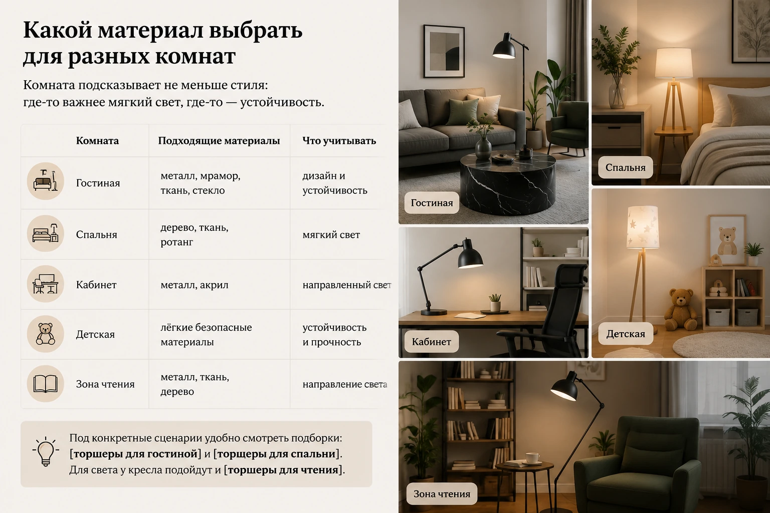 Какие материалы для торшеров лучше: металл, дерево, стекло, ткань и ротанг