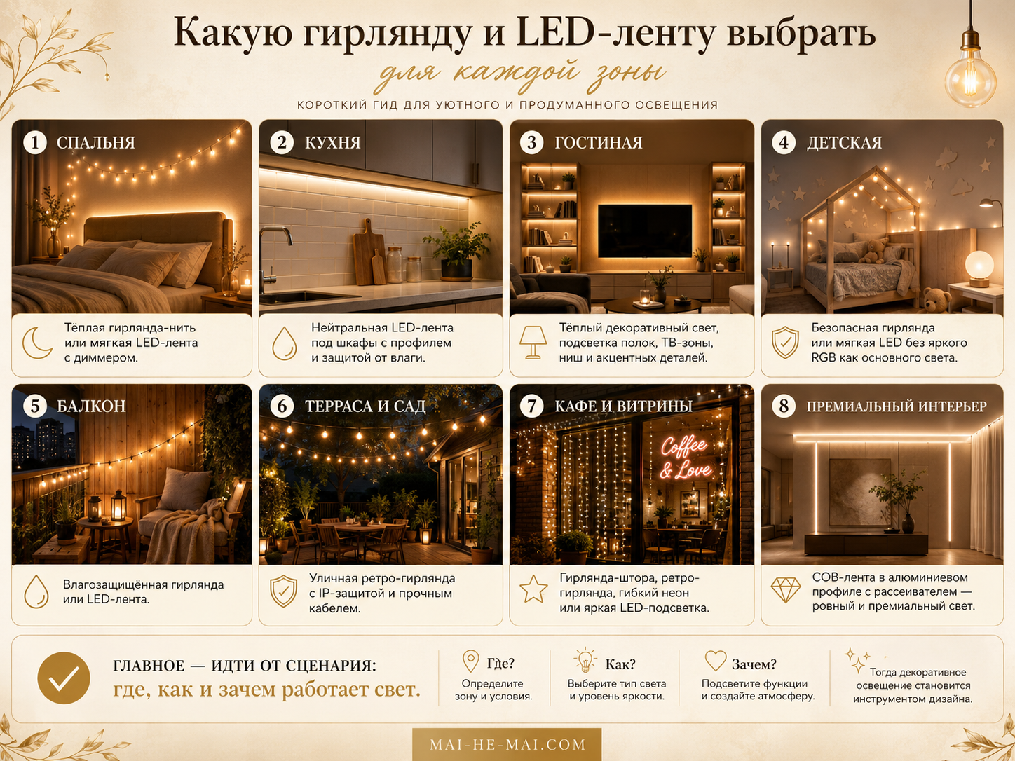 Гирлянды и светодиодные ленты: как выбрать декоративное освещение для дома и улицы