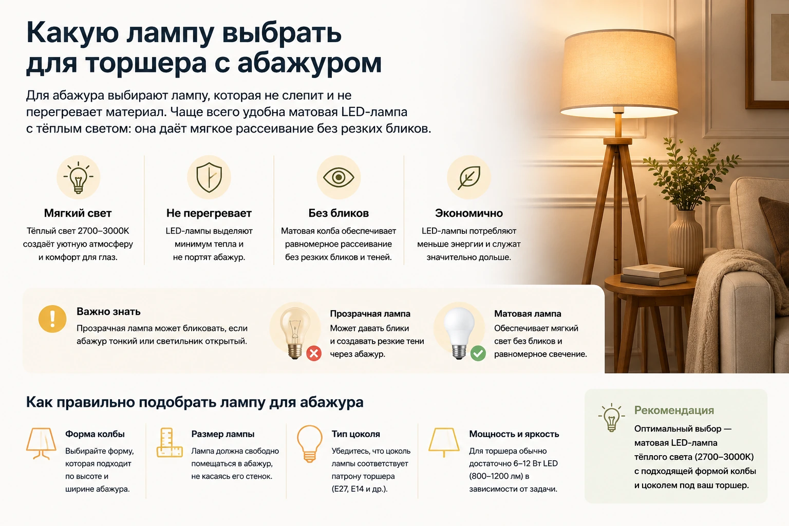 Какую лампу выбрать для торшера: цоколь, мощность, LED и тёплый свет