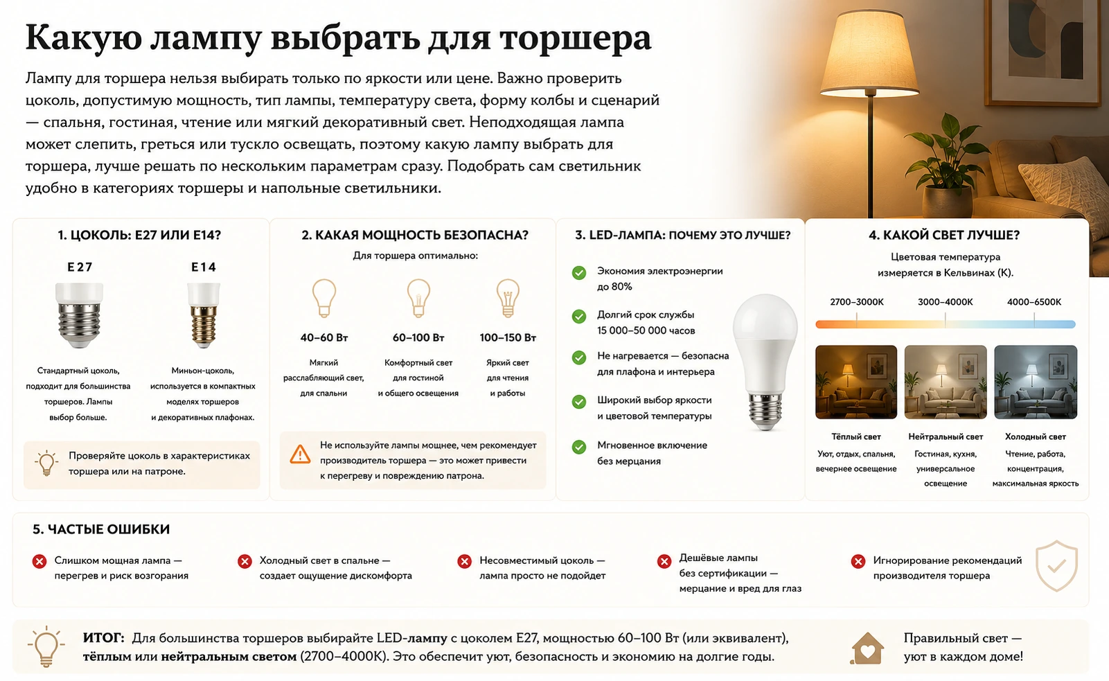 Какую лампу выбрать для торшера: цоколь, мощность, LED и тёплый свет