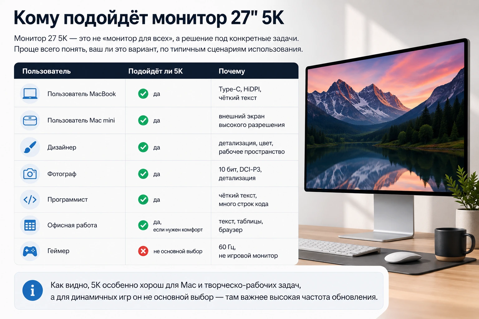 Монитор 27″ 5K для Mac и Windows: 5120×2880, HiDPI, Type-C 65W и сравнение с 4K