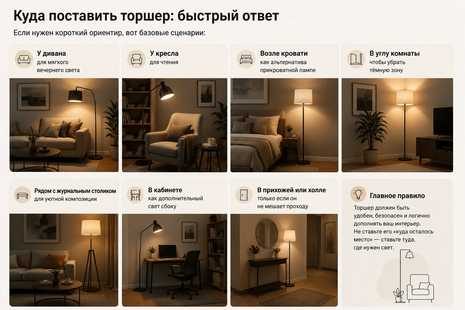 Куда поставить торшер: у дивана, кресла, кровати и в углу комнаты