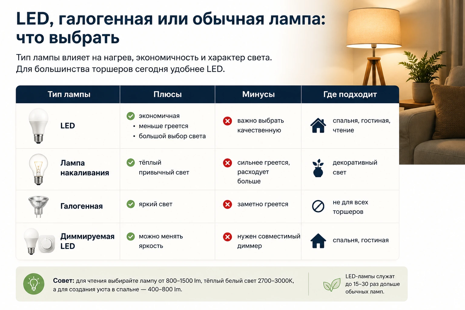 Какую лампу выбрать для торшера: цоколь, мощность, LED и тёплый свет