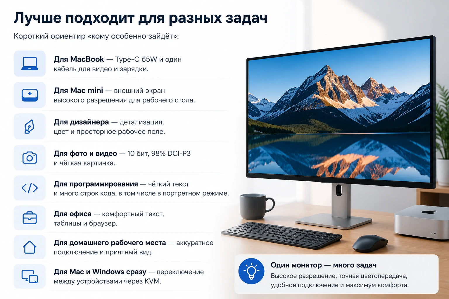 Монитор 27″ 5K для Mac и Windows: 5120×2880, HiDPI, Type-C 65W и сравнение с 4K